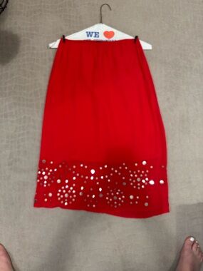 J. Crew Red Midi Skirt with Metallic Dot Detail
